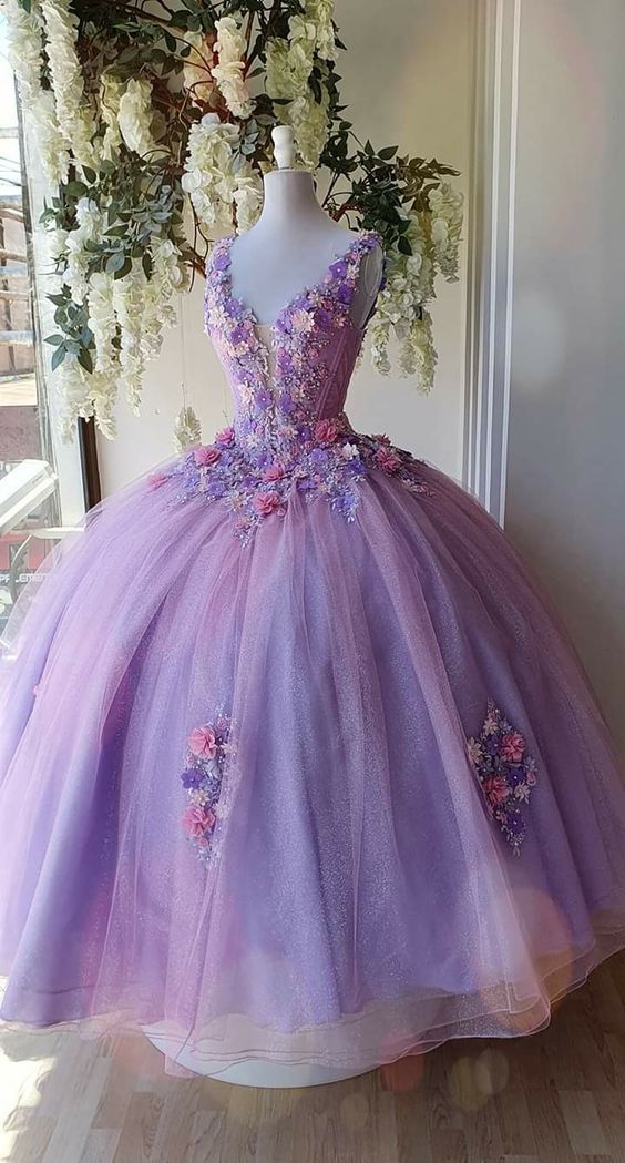 Princess Tulle Long Prom Dress with Flower,Ball Gowns Quinceanera Dressess mysite