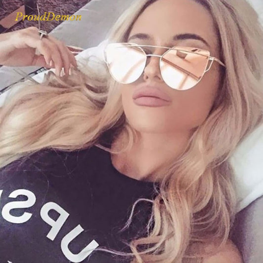 Cat Eye Vintage Brand Designer Rose Gold Mirror Sunglasses For Women Metal Reflective flat lens Sun Glasses Female oculos mysite