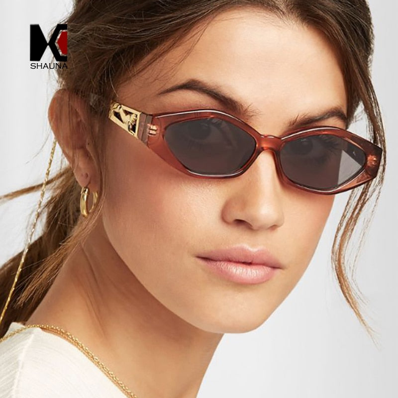 SHAUNA Diamond Sharp Fashion Metal Jumping Cheetah Decoration Fashion Women Small Cat Eye Sunglasses mysite