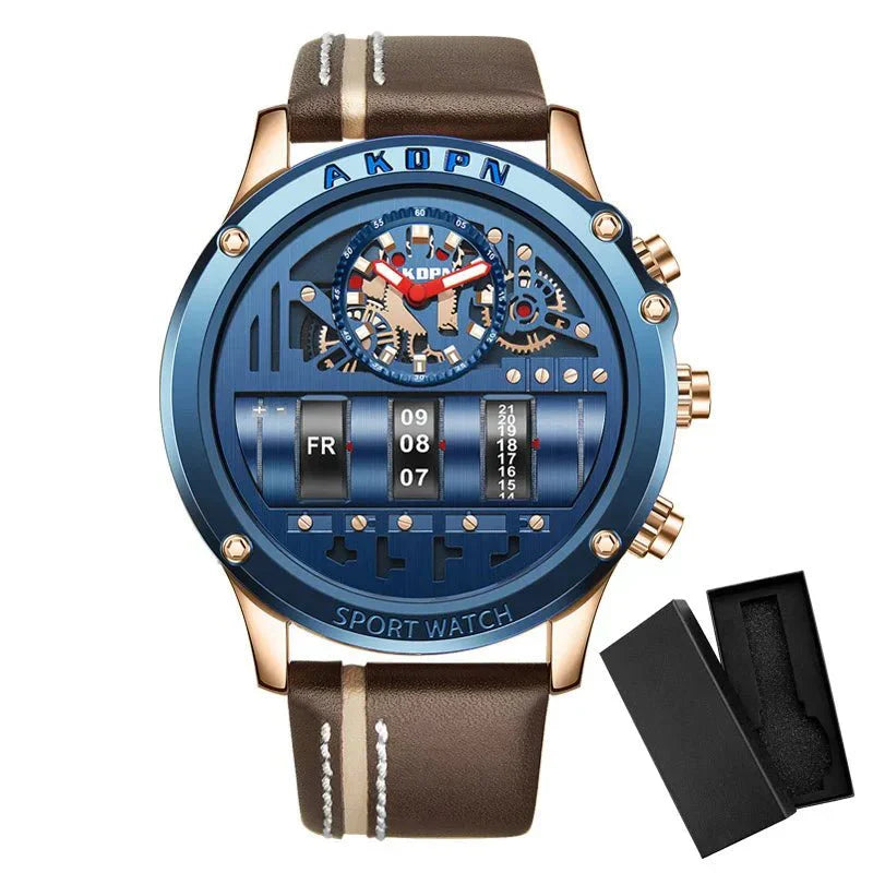 Stylish Quartz Men's Watch with Unique Rotating Date and Leather Strap - Military-Inspired Casual Timepieces-1 mysite