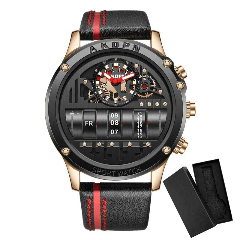 Stylish Quartz Men's Watch with Unique Rotating Date and Leather Strap - Military-Inspired Casual Timepieces-1 mysite