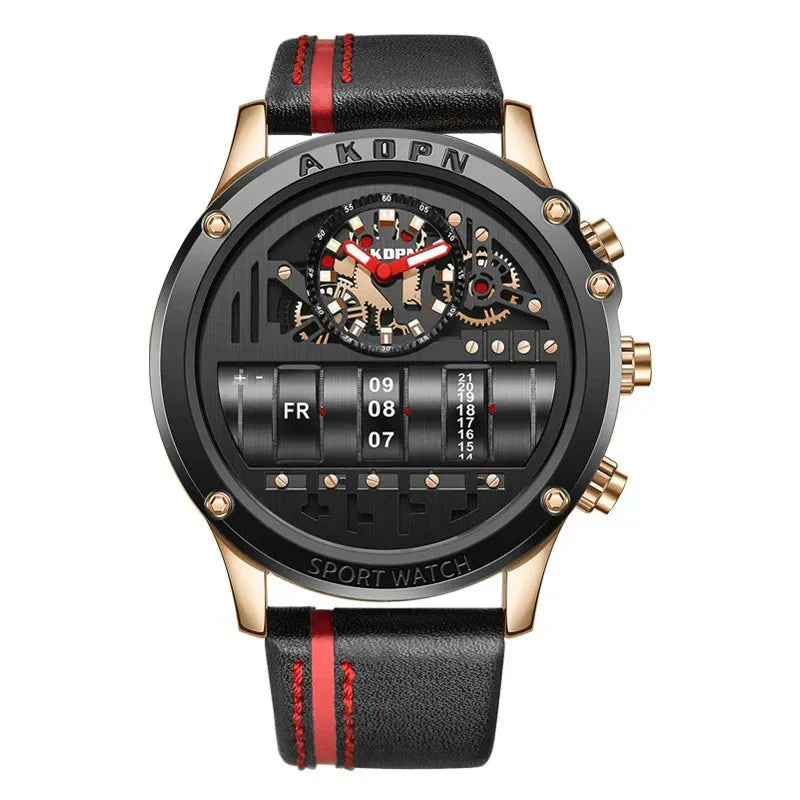 Stylish Quartz Men's Watch with Unique Rotating Date and Leather Strap - Military-Inspired Casual Timepieces-1 mysite