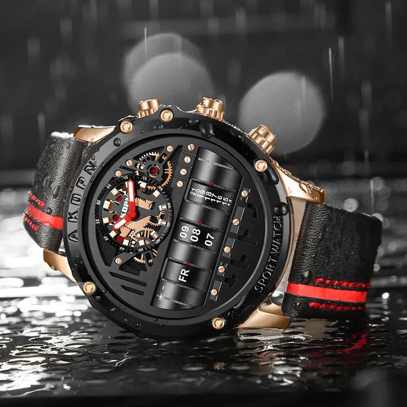Stylish Quartz Men's Watch with Unique Rotating Date and Leather Strap - Military-Inspired Casual Timepieces-1 mysite
