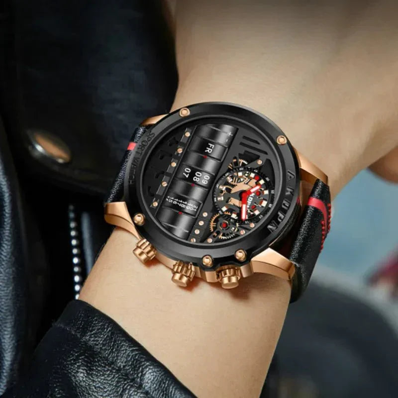 Stylish Quartz Men's Watch with Unique Rotating Date and Leather Strap - Military-Inspired Casual Timepieces-1 mysite