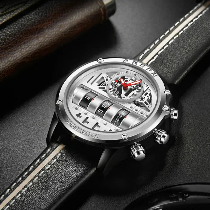 Stylish Quartz Men's Watch with Unique Rotating Date and Leather Strap - Military-Inspired Casual Timepieces-1 mysite