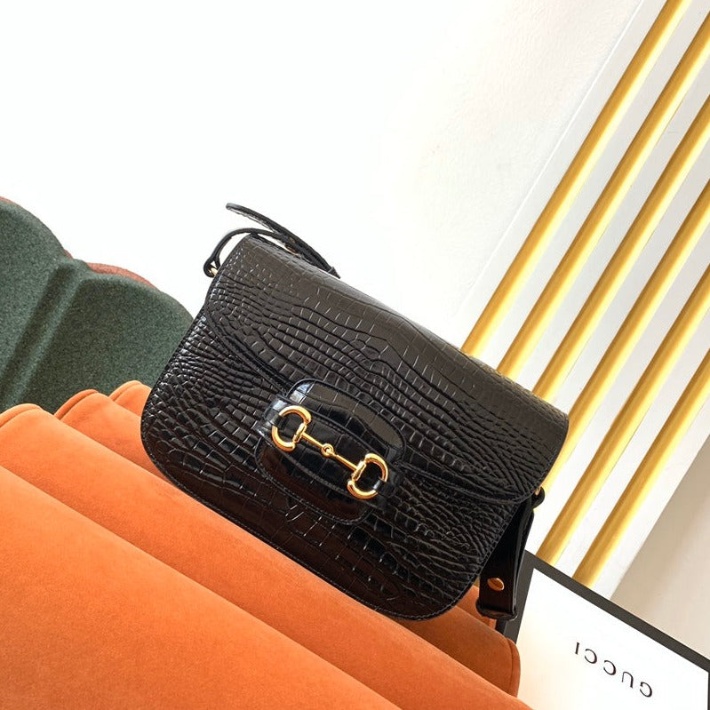 GG 1955 Horsebit Bag 25cm Black Crocodile Leather Gold Hardware mysite