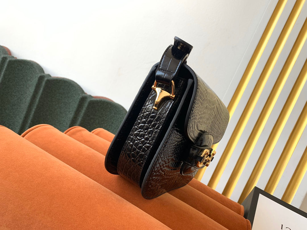 GG 1955 Horsebit Bag 25cm Black Crocodile Leather Gold Hardware mysite