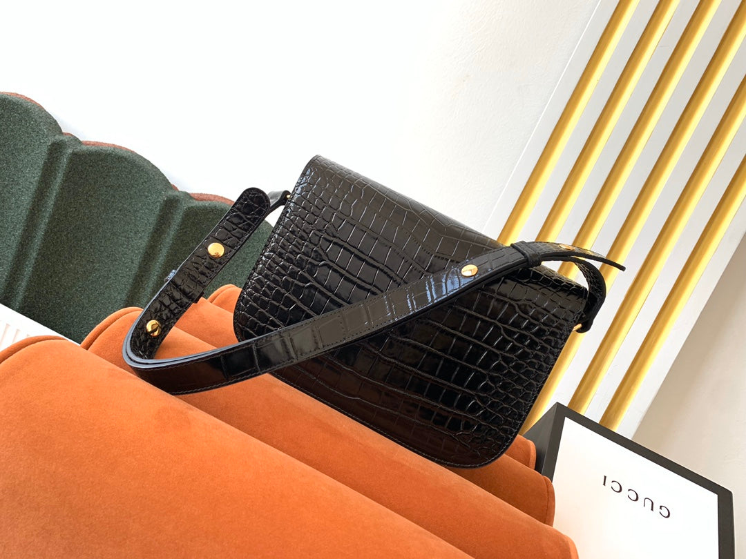 GG 1955 Horsebit Bag 25cm Black Crocodile Leather Gold Hardware mysite