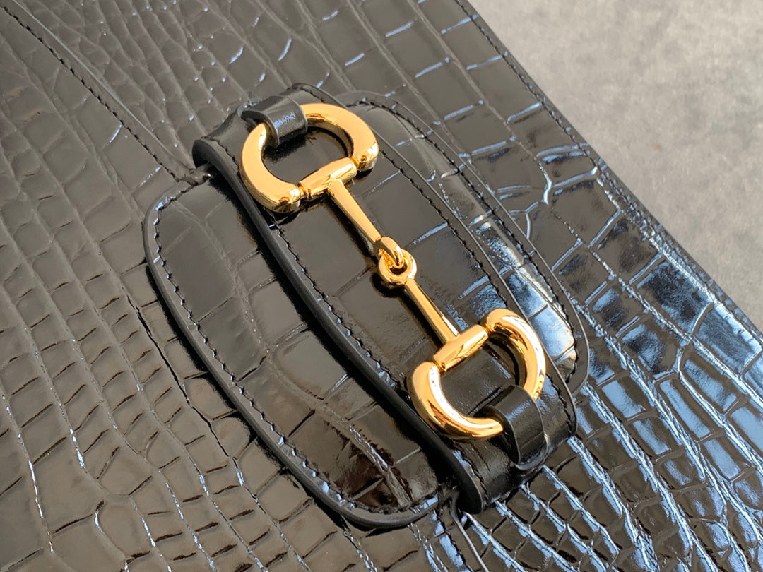 GG 1955 Horsebit Bag 25cm Black Crocodile Leather Gold Hardware mysite