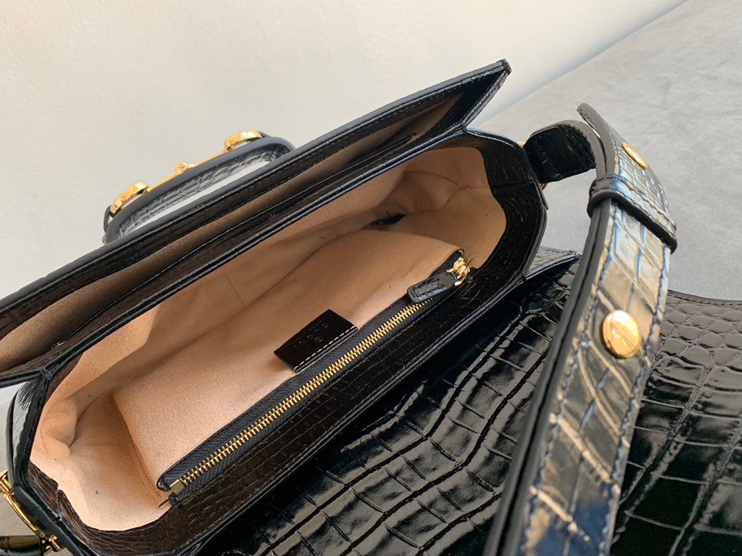 GG 1955 Horsebit Bag 25cm Black Crocodile Leather Gold Hardware mysite