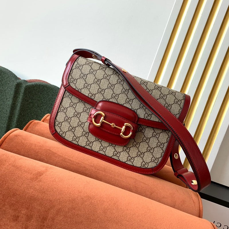 GG 1955 Horsebit Bag 25cm Red Leather Beige Canvas Gold Hardware mysite