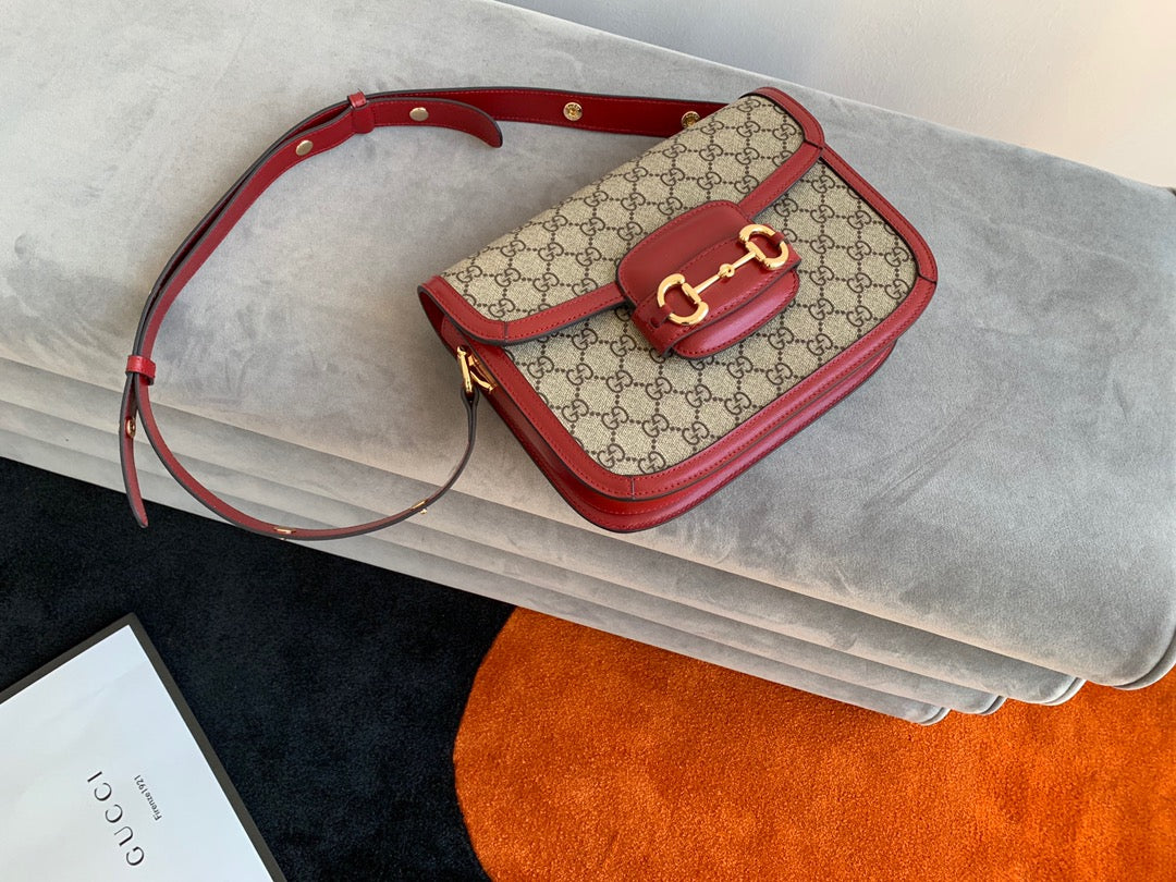 GG 1955 Horsebit Bag 25cm Red Leather Beige Canvas Gold Hardware mysite