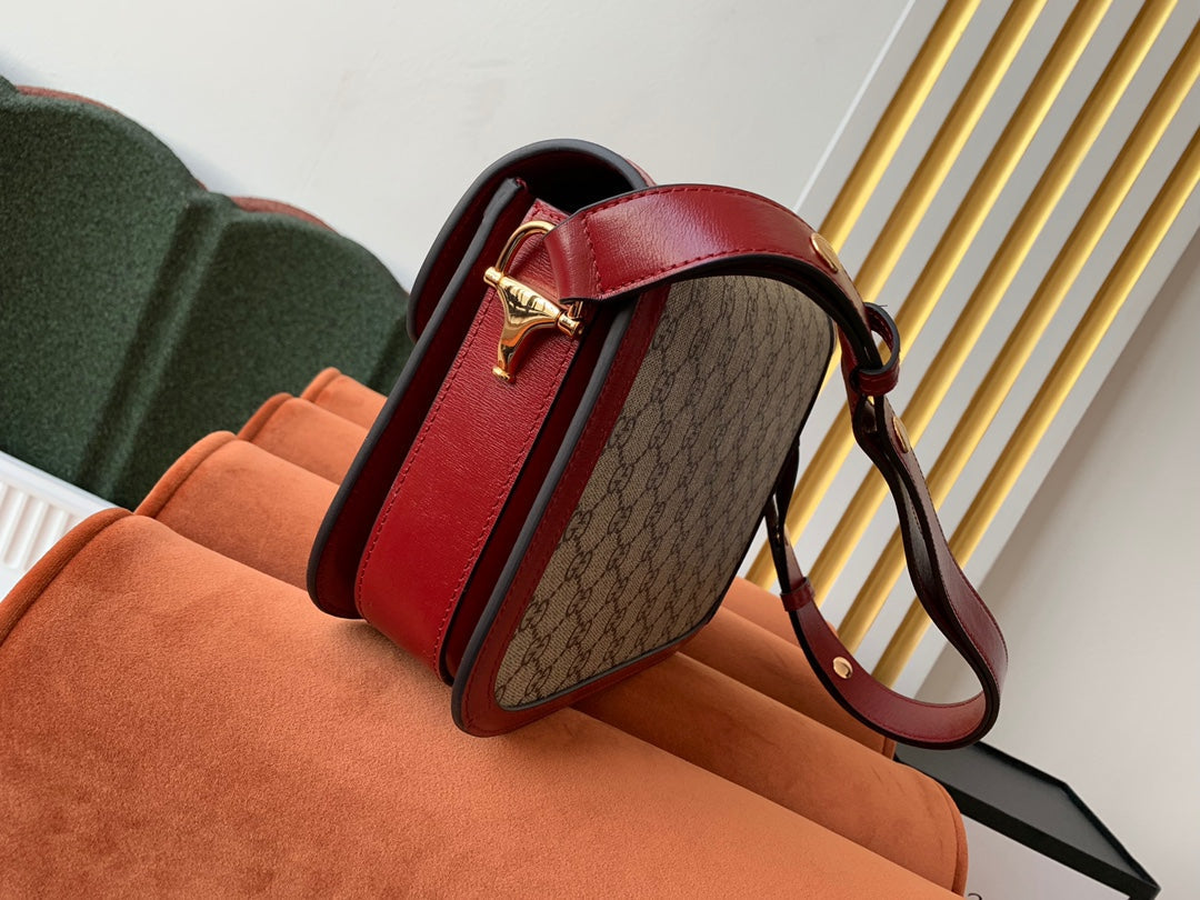 GG 1955 Horsebit Bag 25cm Red Leather Beige Canvas Gold Hardware mysite