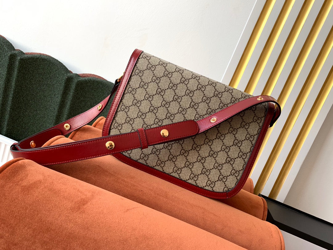 GG 1955 Horsebit Bag 25cm Red Leather Beige Canvas Gold Hardware mysite