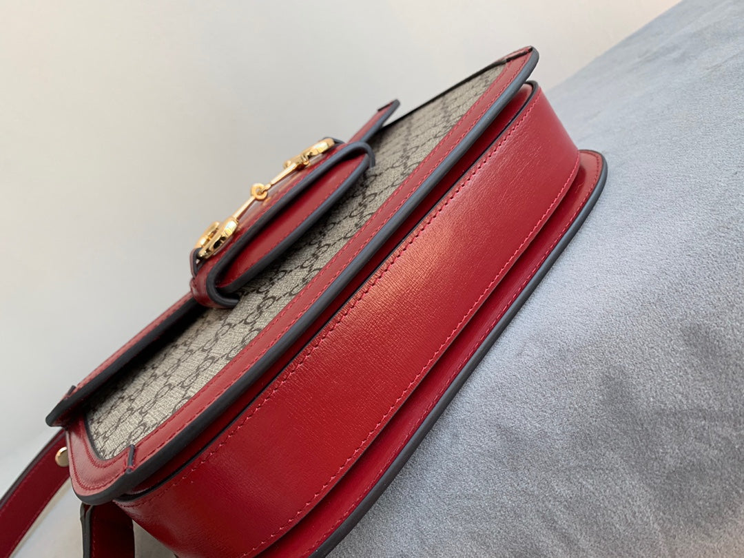 GG 1955 Horsebit Bag 25cm Red Leather Beige Canvas Gold Hardware mysite