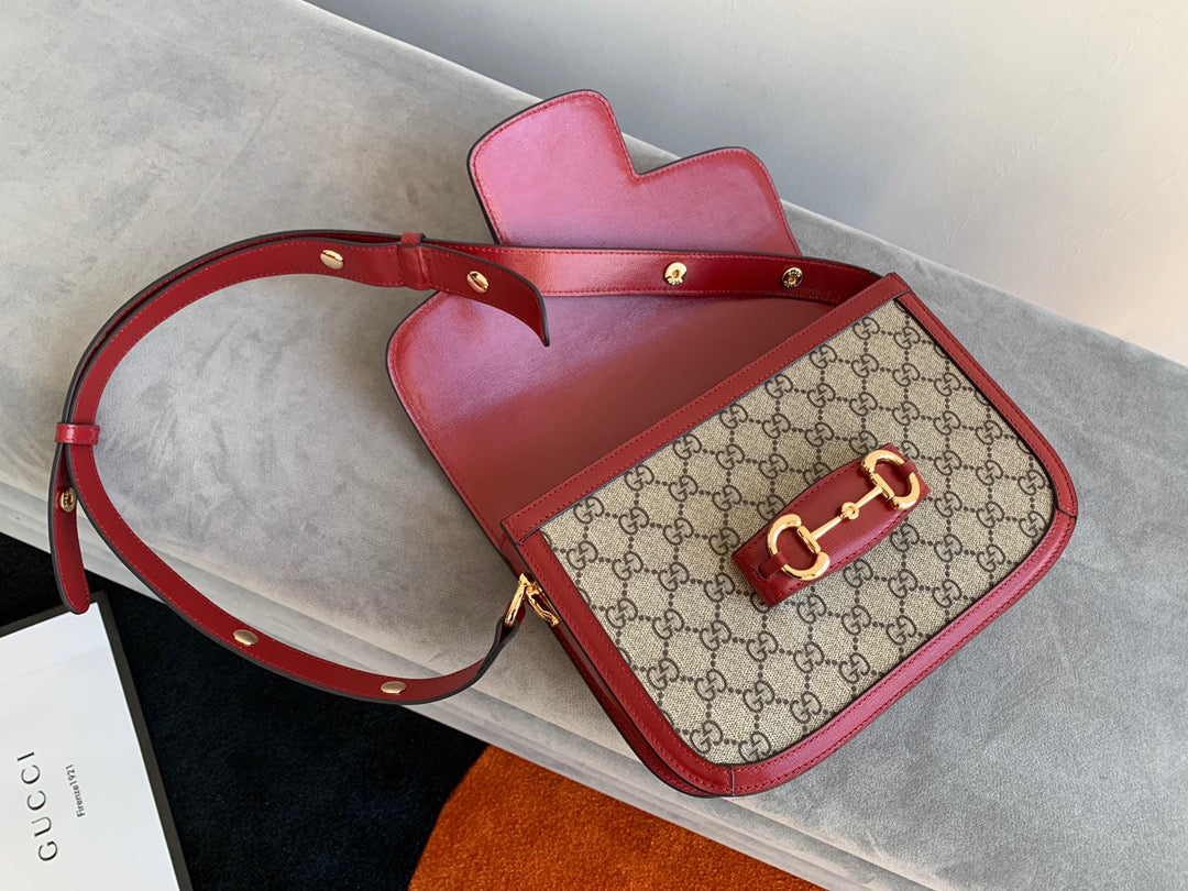 GG 1955 Horsebit Bag 25cm Red Leather Beige Canvas Gold Hardware mysite