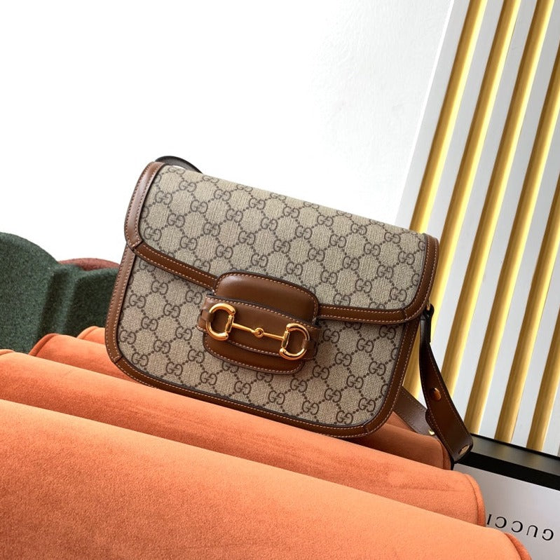 GG 1955 Horsebit Bag 25cm Brown Leather Beige Canvas Gold Hardware mysite