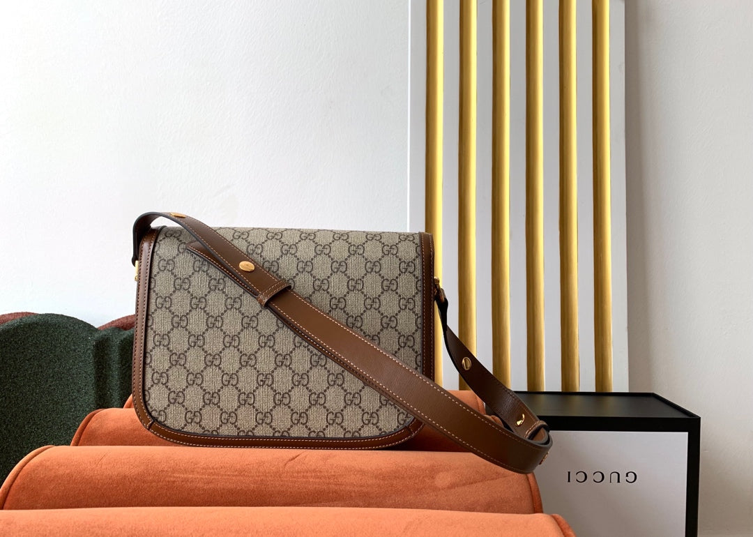 GG 1955 Horsebit Bag 25cm Brown Leather Beige Canvas Gold Hardware mysite