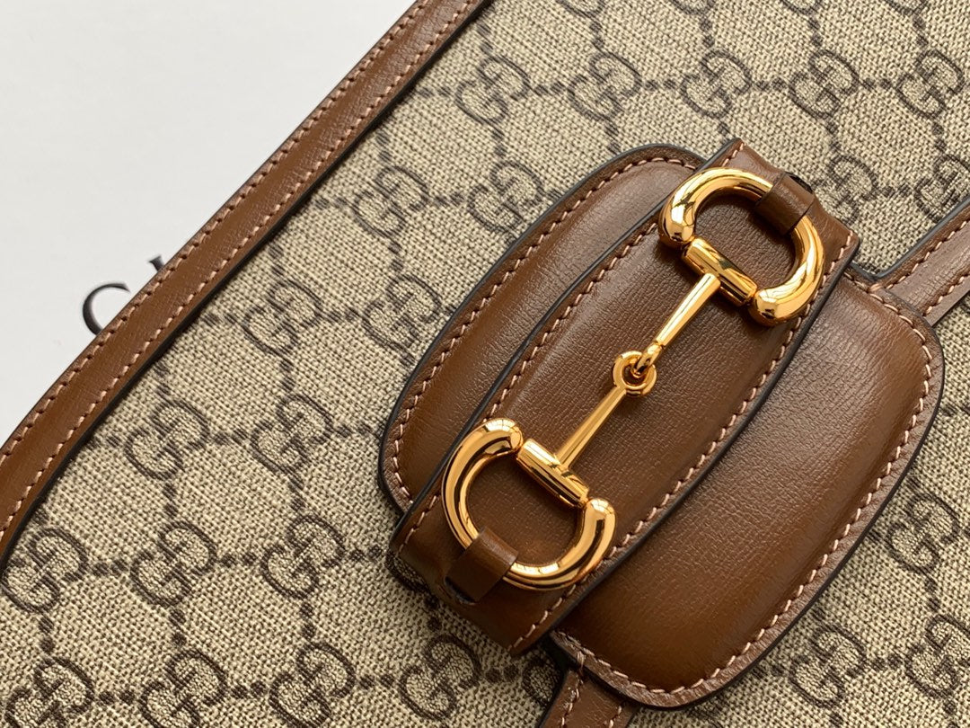 GG 1955 Horsebit Bag 25cm Brown Leather Beige Canvas Gold Hardware mysite