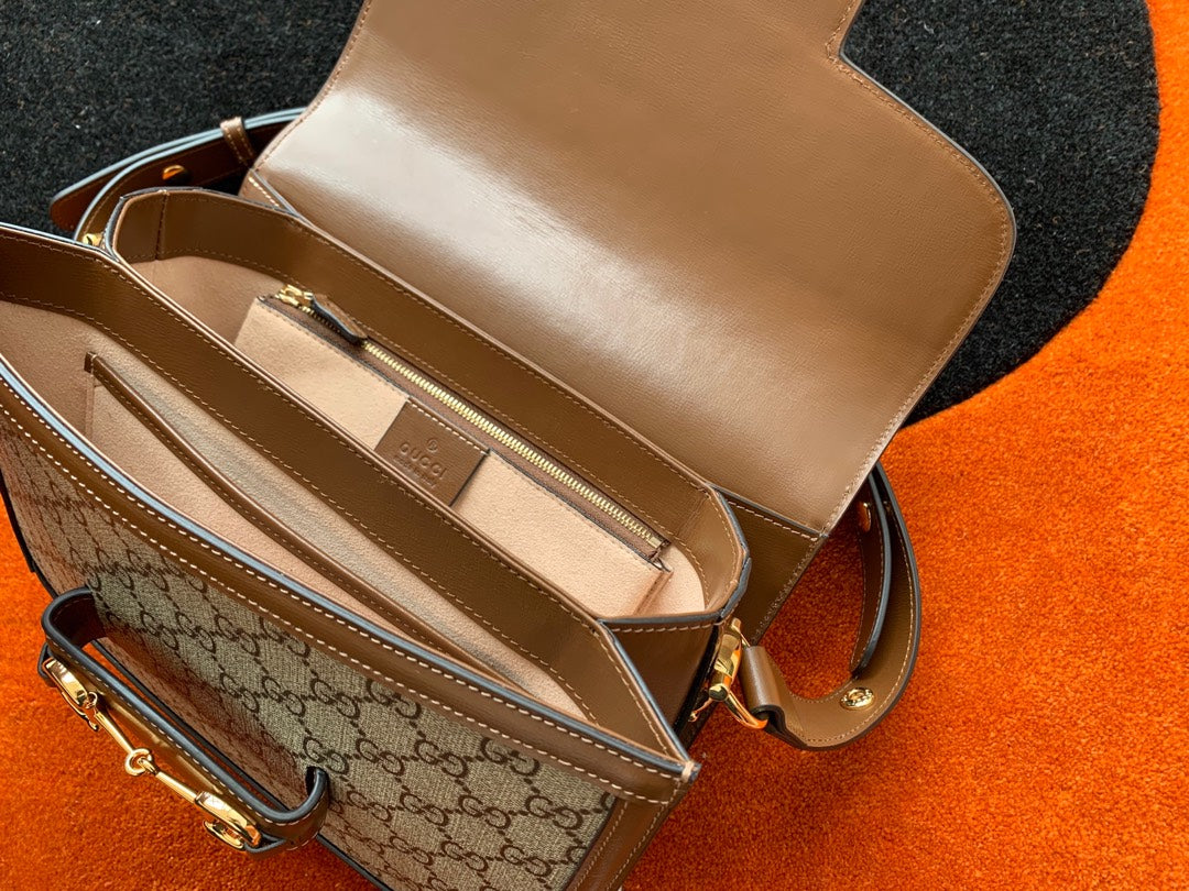 GG 1955 Horsebit Bag 25cm Brown Leather Beige Canvas Gold Hardware mysite