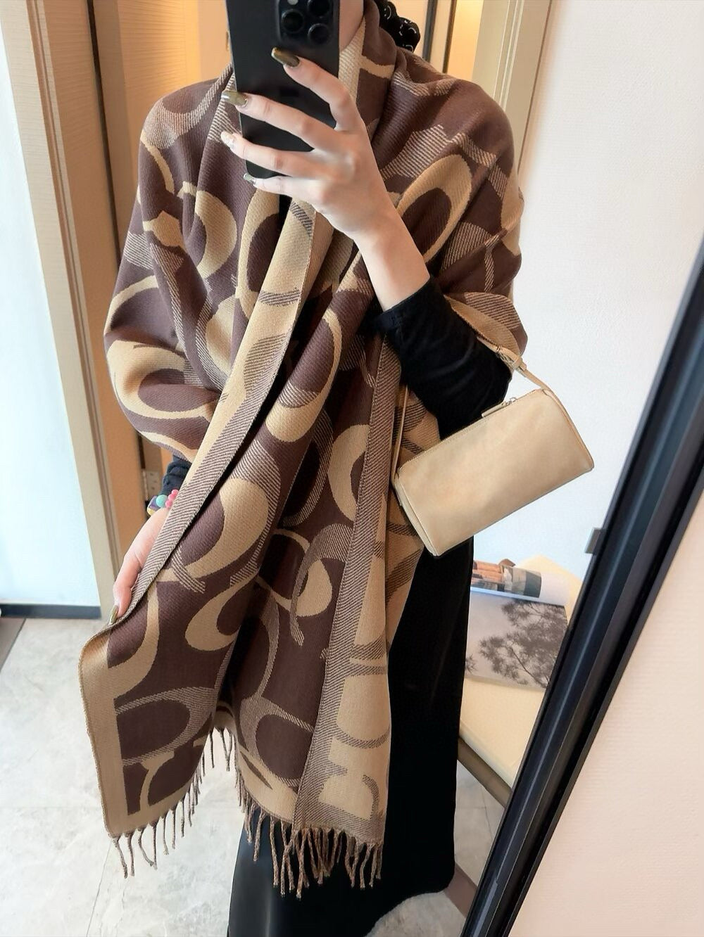 Simple Monogram Cashmere Fringed Scarf-10 mysite