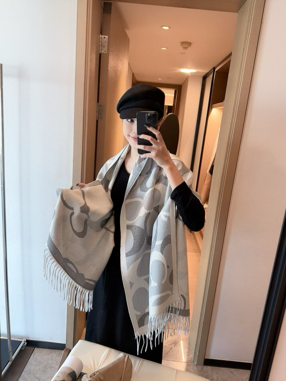 Simple Monogram Cashmere Fringed Scarf-10 mysite